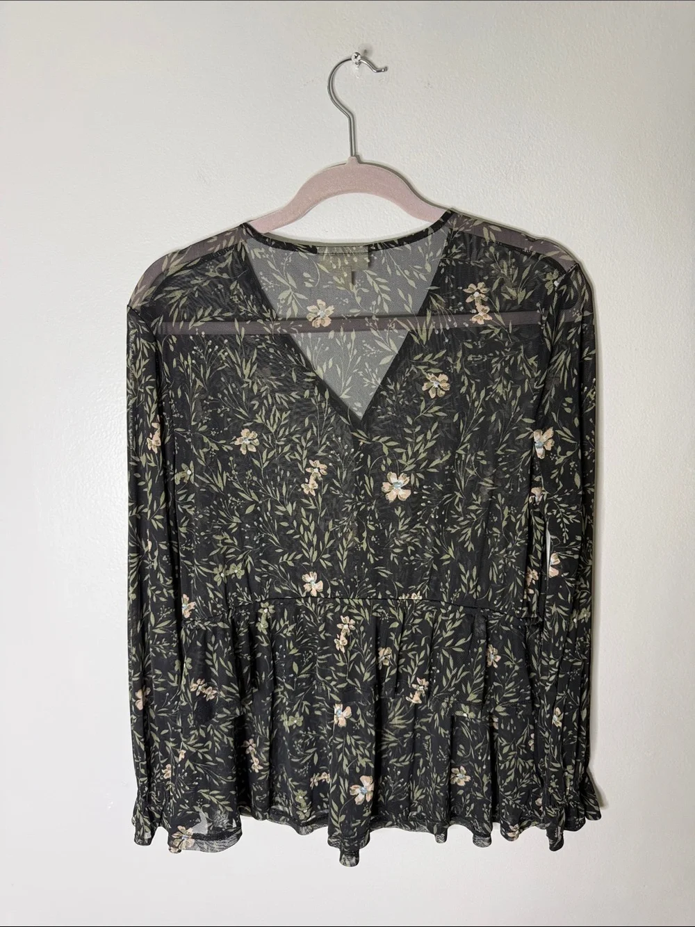 Style & Co Dark Gray Multicolored Floral V-Neck Drawstring Peplum Top Size Large
